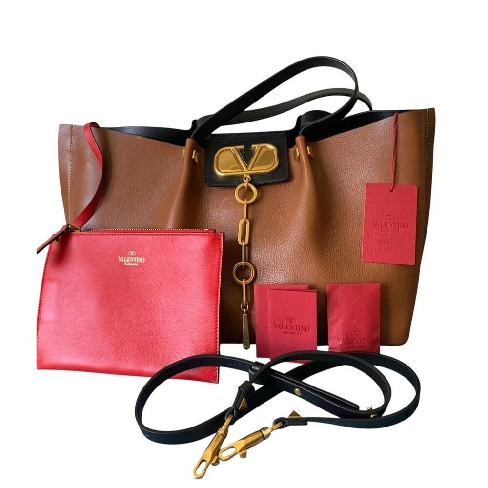 NEW NWT Valentino medium V-Logo Escape Brown Leather Handbag Tote Purse $2745